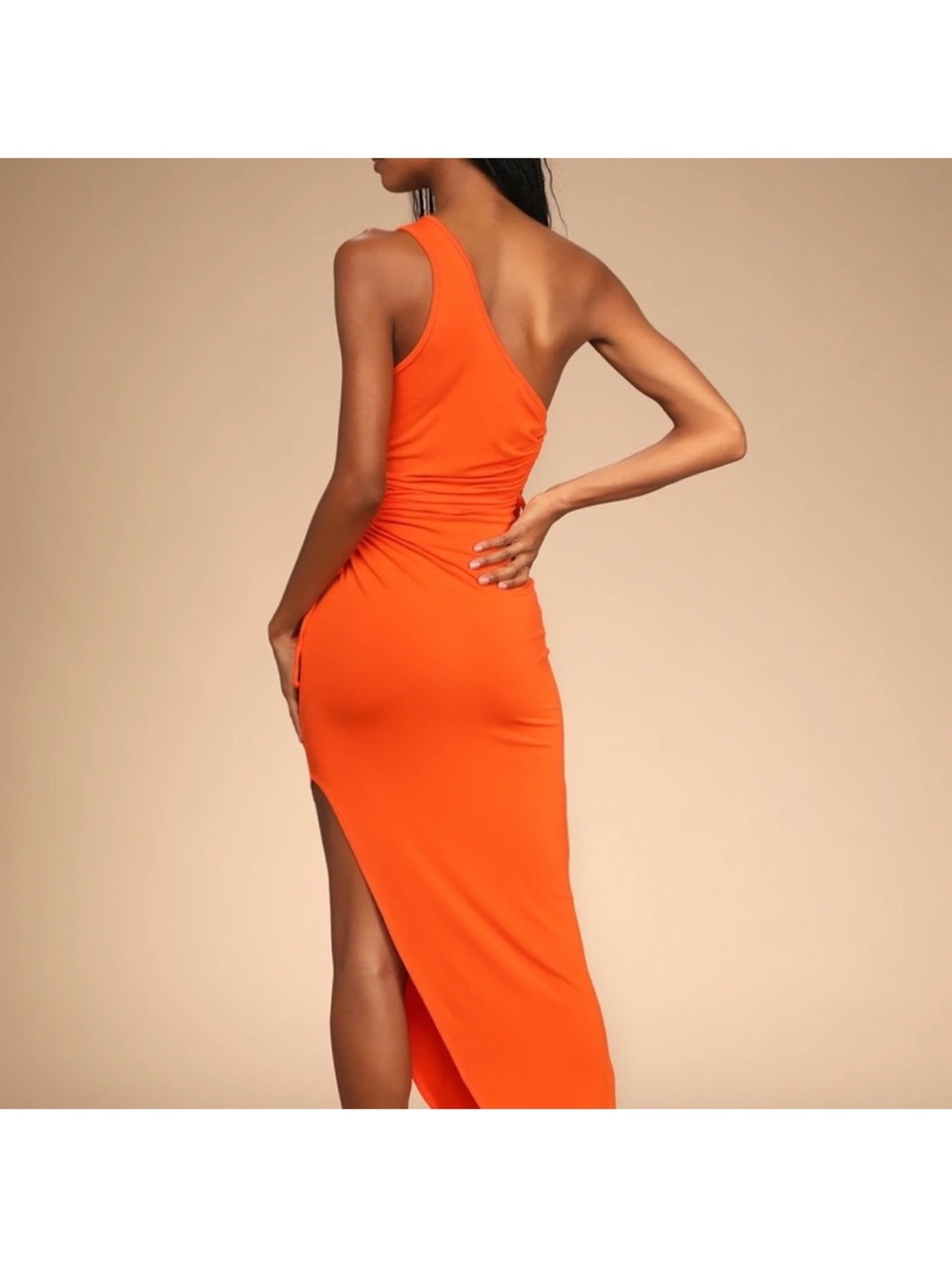 Lulu's One-Shoulder Orange Side Cut-Out Midi Dress - Picture 2 of 4
